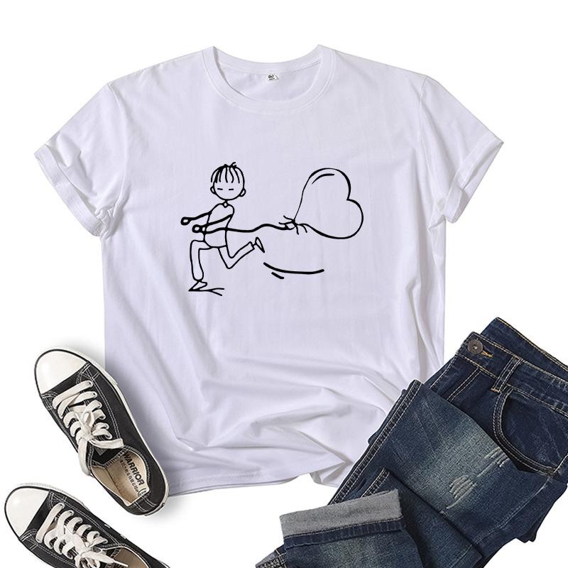 Cartoon Girl Boy Heart Print Couple T Shirt Short Sleeve O Neck Loose King Queen Tshirt Fashion Lovers Tee Shirt Tops Clothes