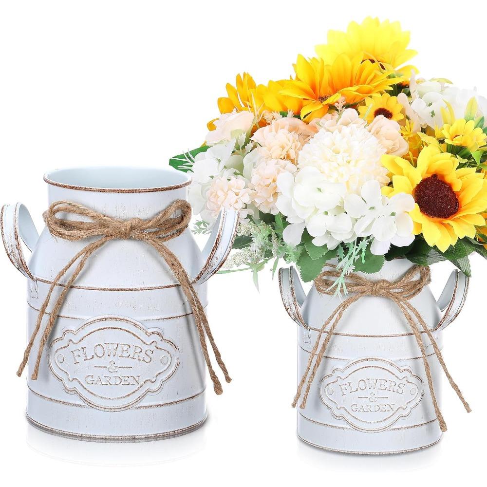 10pcs 6.1 Inch Farmhouse Vase Decor Milk Can Vintage Flower Jug Galvanized Metal Vase with Handle Rustic Flower Buckets