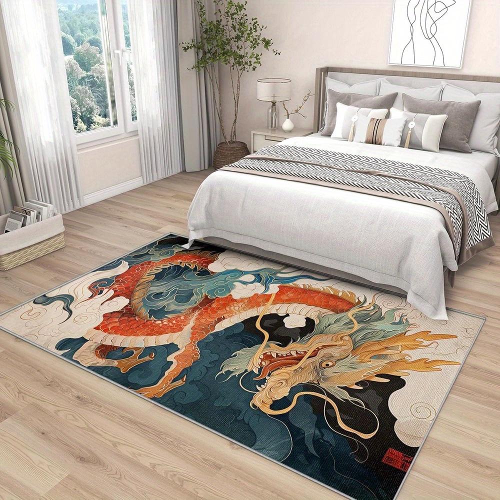 Dragon Mat - Non-Slip Washable Soft Polyester Area Mat with Vibrant Fantasy Dragon Design, Asian-Inspired Home Deco
