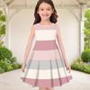 Girls Round Neck Sleeveless Printed Striped A Line Flared Hem Dress Pink White Grey