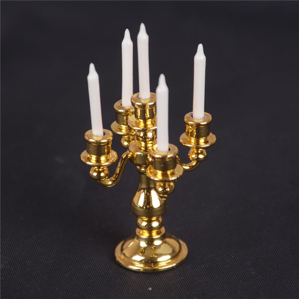Candelabro Dourado em Miniatura Escala 1/12 5 Velas Brancas Casa de Bonecas Brinquedo de Cozinha