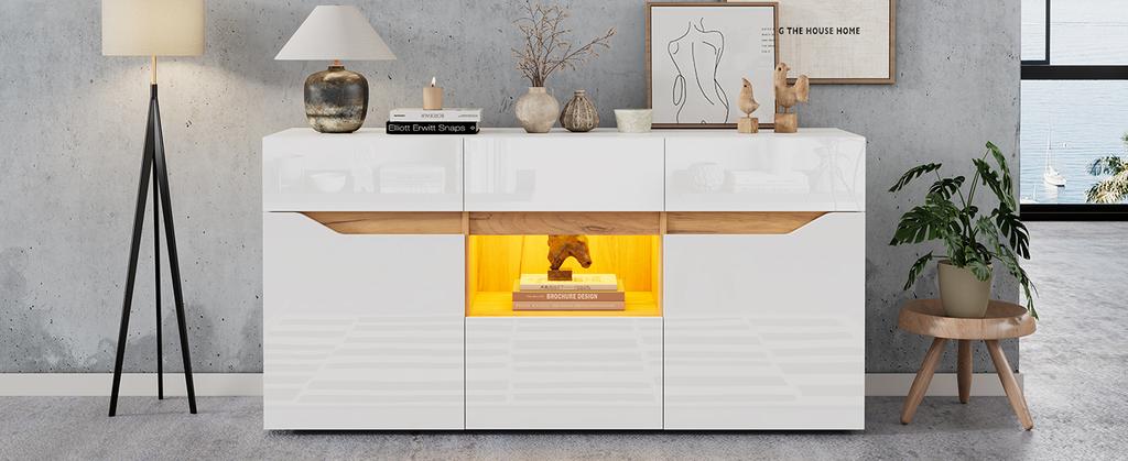 140*40*70cm Wohnzimmer Sideboard mit 4 Schubladen, Schrank mit zwei Fächern, Hochglanz Sofa Beistellschrank mit LED-Beleuchtung, Weiß + Holzfarbe