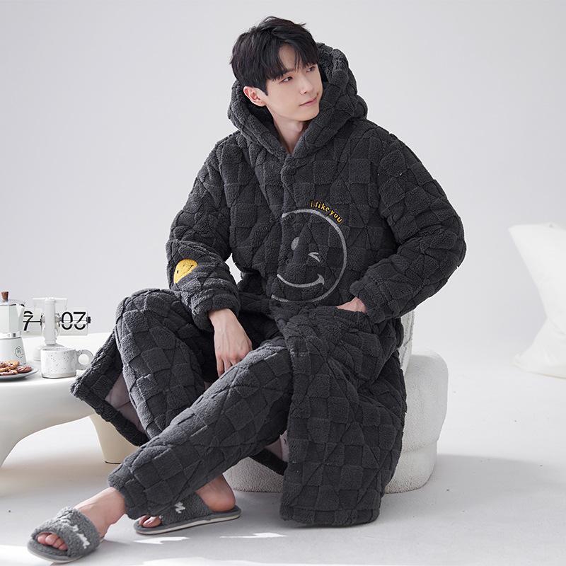 2024 Men's Quilted Winter Hooded Pajama Bathrobe - Warm, Thick Coral Fleece Outerwear