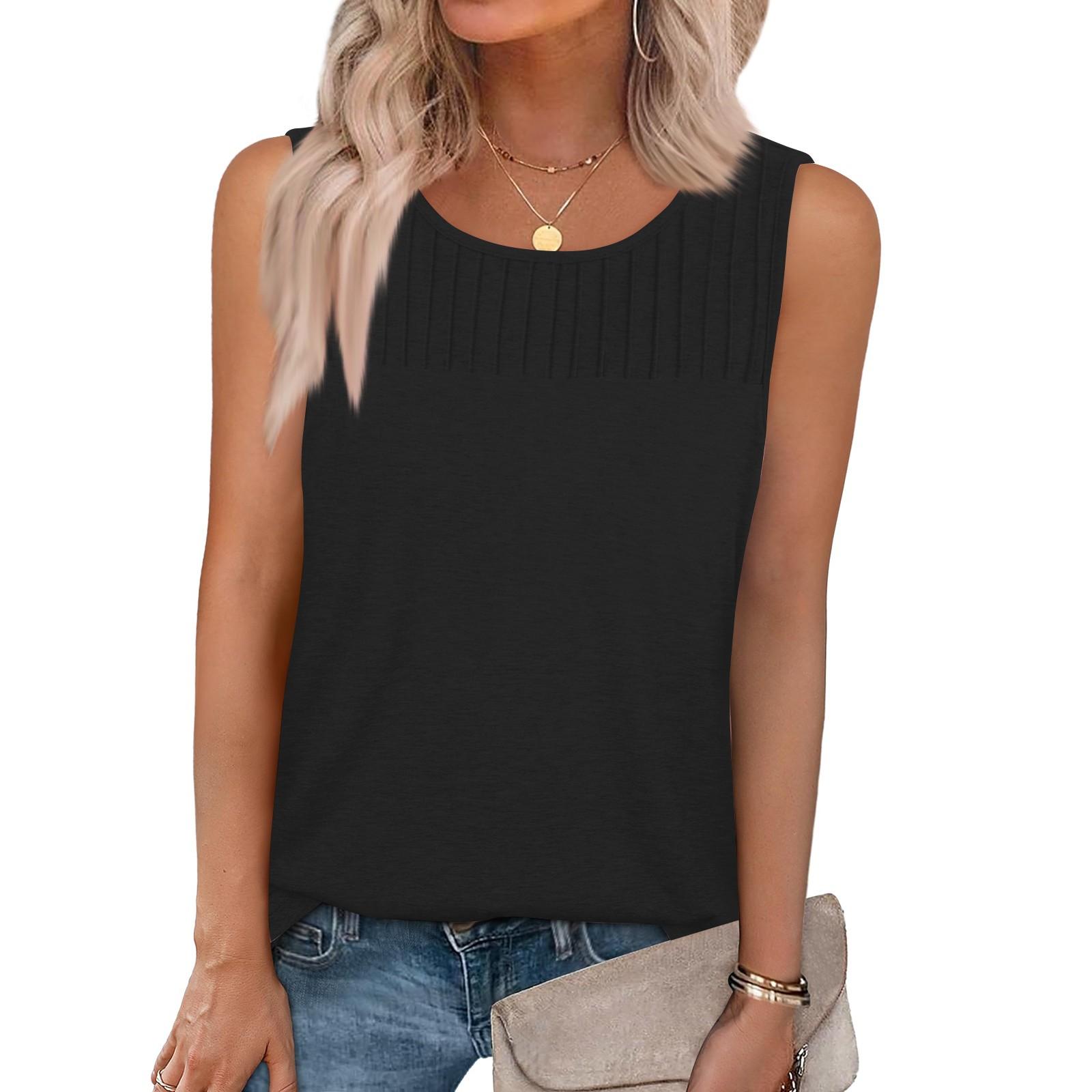 

Женская летняя майка-топ без рукавов, повседневные плиссированные топы без рукавов, рубашки с круглым вырезом, одежда XXXL чёрный
