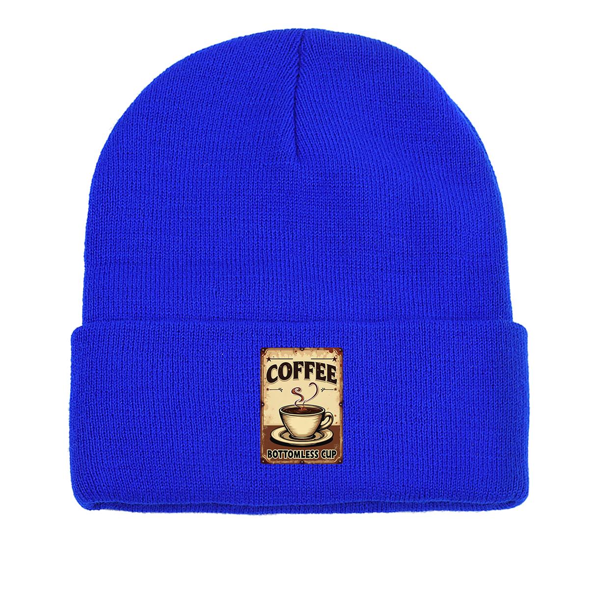 

Шапка бини вязаная с принтом серии COFFEE, свободная повседневная вязаная шапка бини as the picture синий