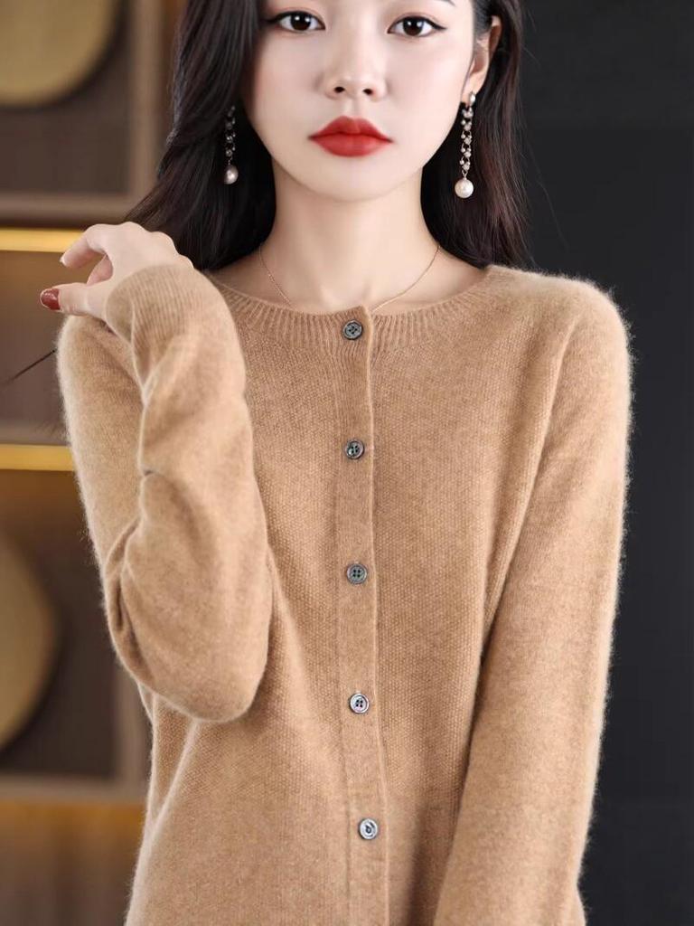 Women's 100% Pure Wool Round Neck Cardigan - Loose, Fashionable, Versatile Spring Knit Sweater.