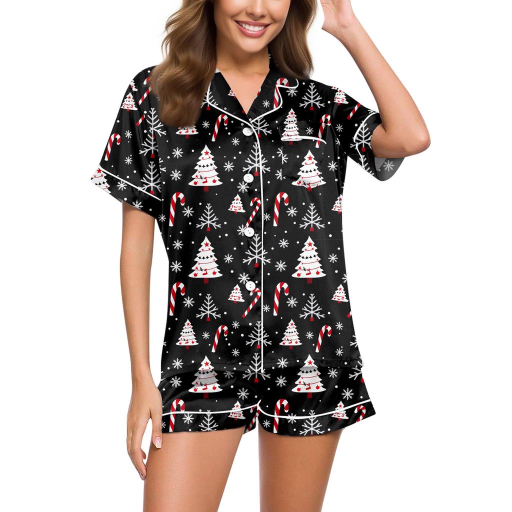 Women's Casual Fashion Christmas Print Short-Sleeve Top And Shorts Homewear Set