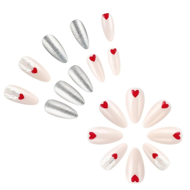 24 Pcs Elk Full Cover Stick On Nails Artificial Nails Medium Almond False Nails Christmas Press On Nails for Woman Girls