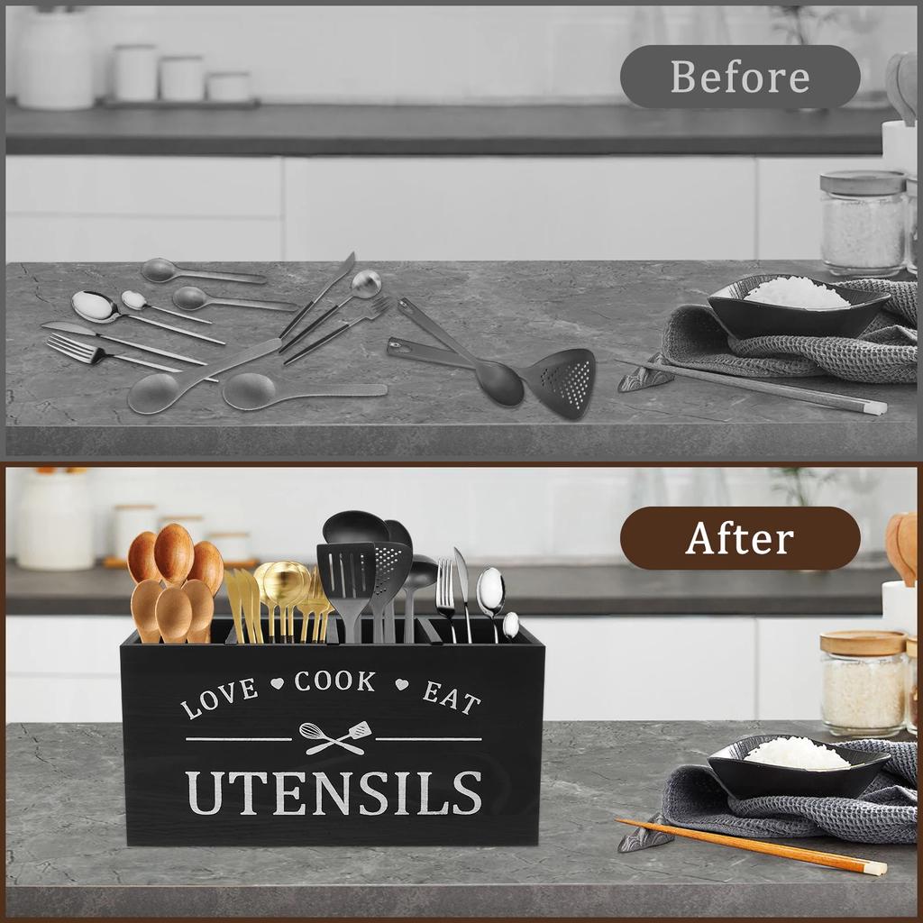 Wood Kitchen Utensil Holder Spoon Fork Tableware Storage Rack Container Kitchen Cooking Utensil Organizer with 4 Compartment New