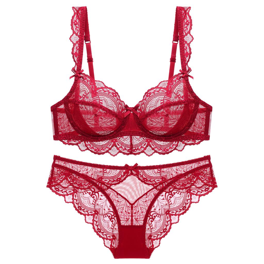 Ultra-thin sponge-free transparent bra, big chest and small lace bra, women's sexy underwear, bra set.