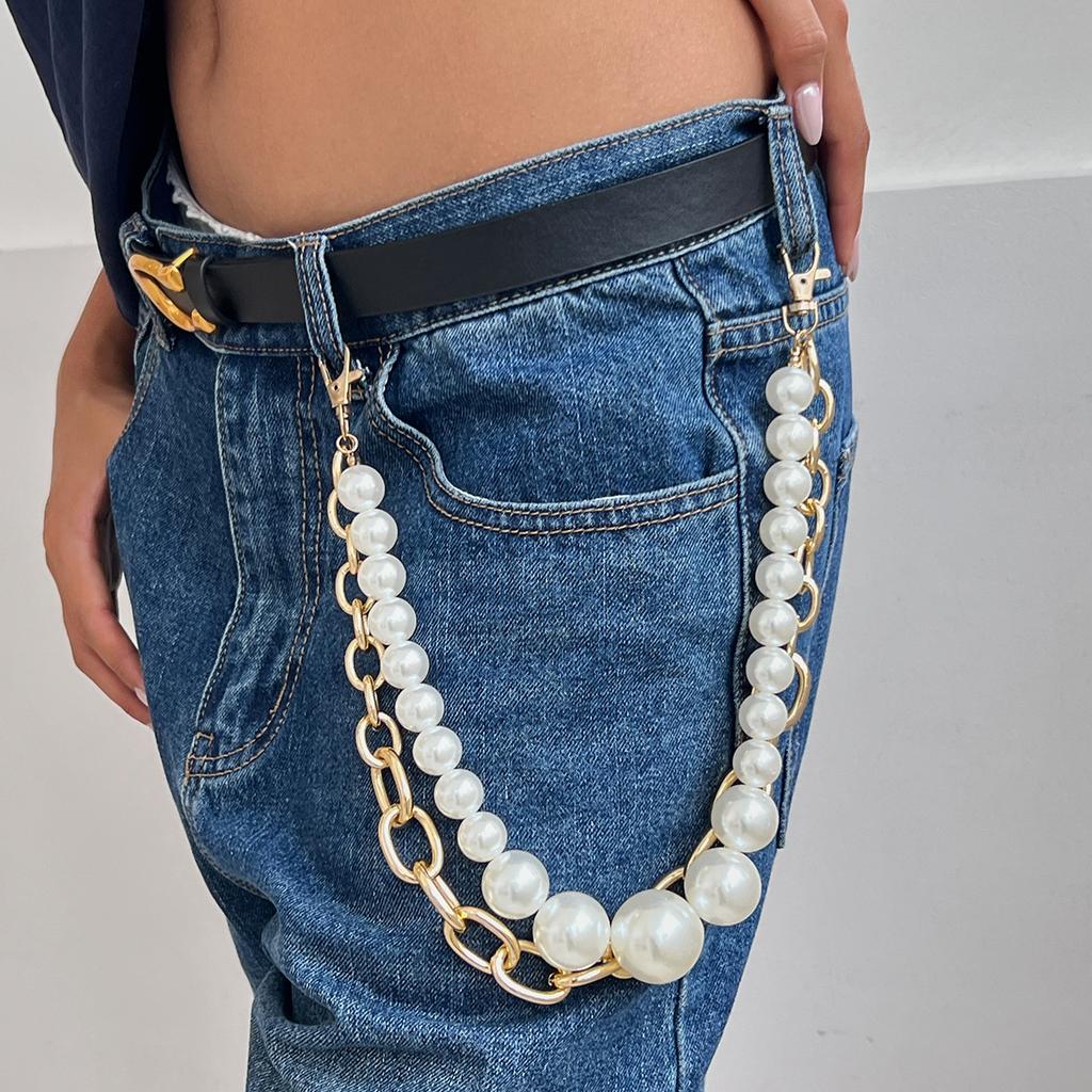 Exaggerated Style Imitation Pearl Beaded Jeans Chain Women, Fashionable Metal Thick Chain Waist Chain Pendant