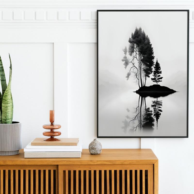 Minimalistisches Schwarz-Weiß Berg Baum Krähe Landschaft Poster Druck Leinwand Gemälde Abstrakt Wandkunst Wohnzimmer Heimdekor