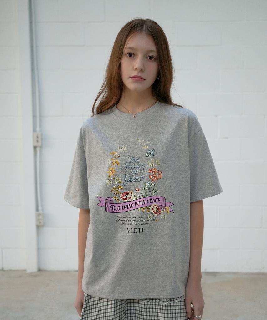 VLETI Oversized Floral Digital Print Short Sleeve Tee (Gray)