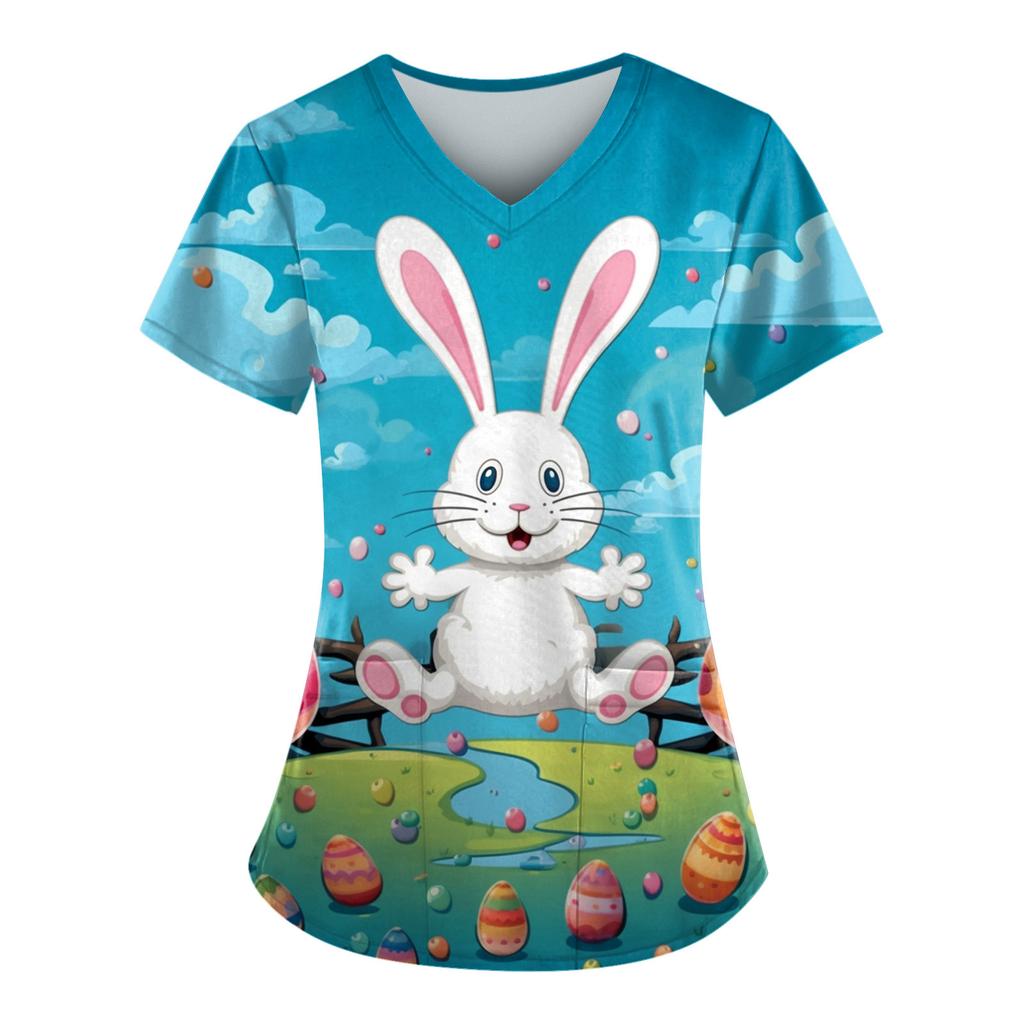 Magliette uniformi da lavoro stampate taglie forti per magliette divertenti a maniche corte con scollo a V da donna T-shirt da lavoro con tasche