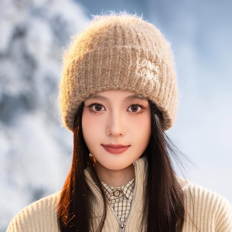 Korean Version of Letters LOVE Plus Velvet Warm Wool Hat Autumn and Winter Versatile Windproof Ear Protection Head Hat Big Head Circumference Pile Hat