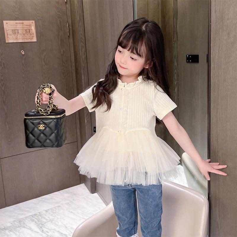 Girls' Summer 2025 Fashion Mesh Skirt Top - Solid Color Short Sleeve, Versatile & Casual