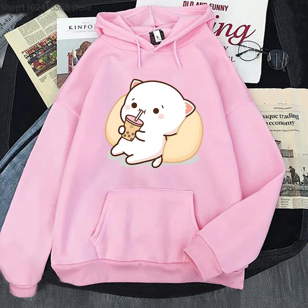 Mikiny Bubble Tea Broskvová Kočka Kawaii Potisk Mikina Ženy Harajuku Streetwear Kreslený Vzor O-Výstřih Top Oblečení