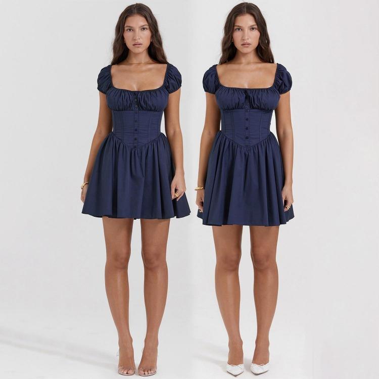 Fashion Women Summer Dress Solid Color Square Neck Pleated Knee Length