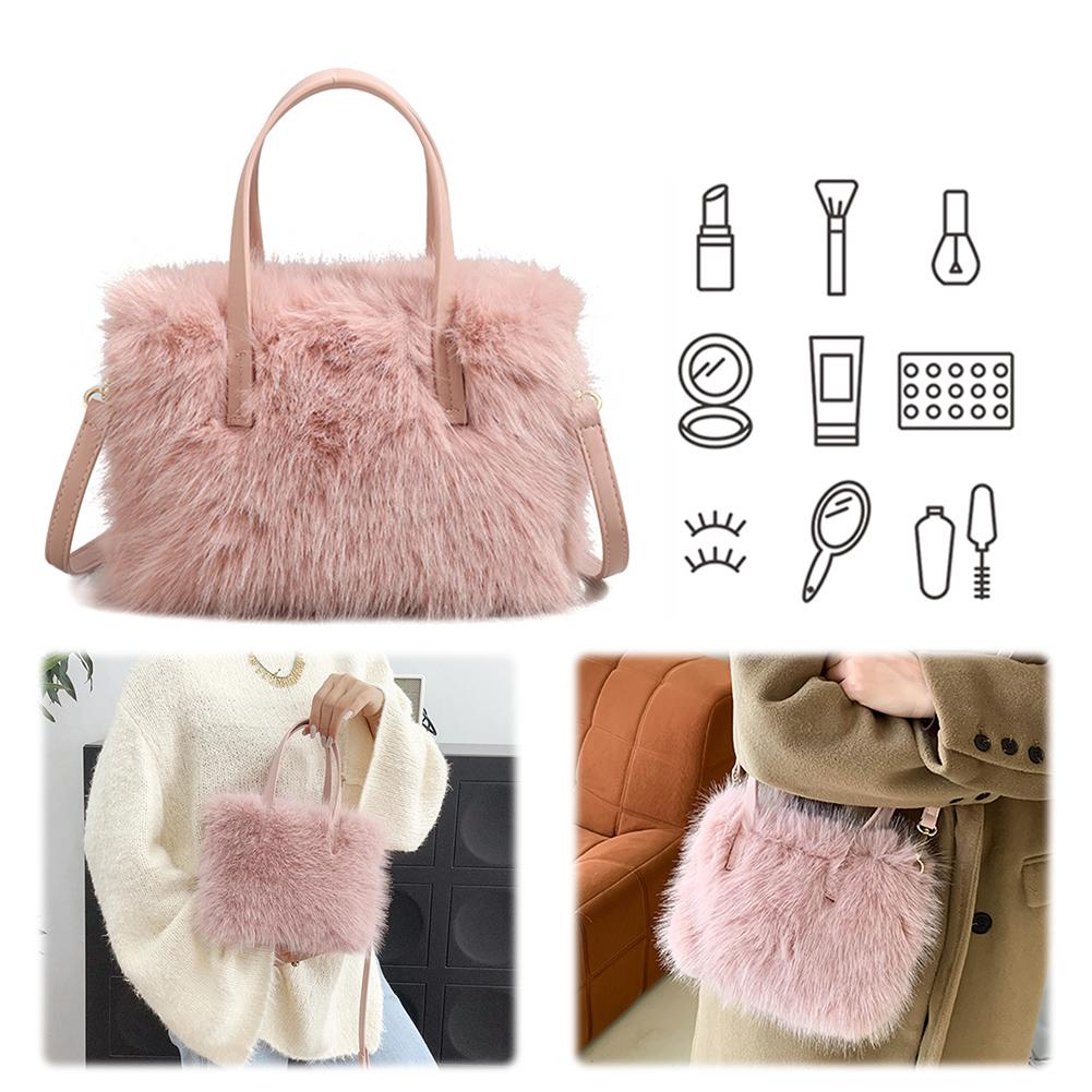 Women Faux Fur Shoulder Bag Fluffy Crossbody Bag Adjustable Strap Mini Tote Bag Solid Satchel Purse for Travel Party