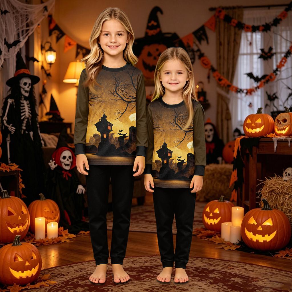 Family Matching Halloween Pajama Set Long Sleeve Top and Pants for Couples and Kids