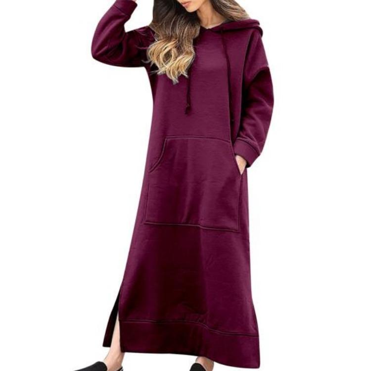 Women Sweatshirt Dress Hooded Solid Color Long Sleeve Front Drawstring Autumn Winter