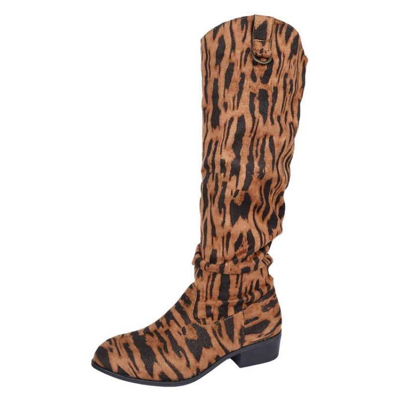 Women's Autumn European & American Style Leopard Print Knee-High Boots - Plus-Size, Chunky Heel, Thick-Soled, Versatile