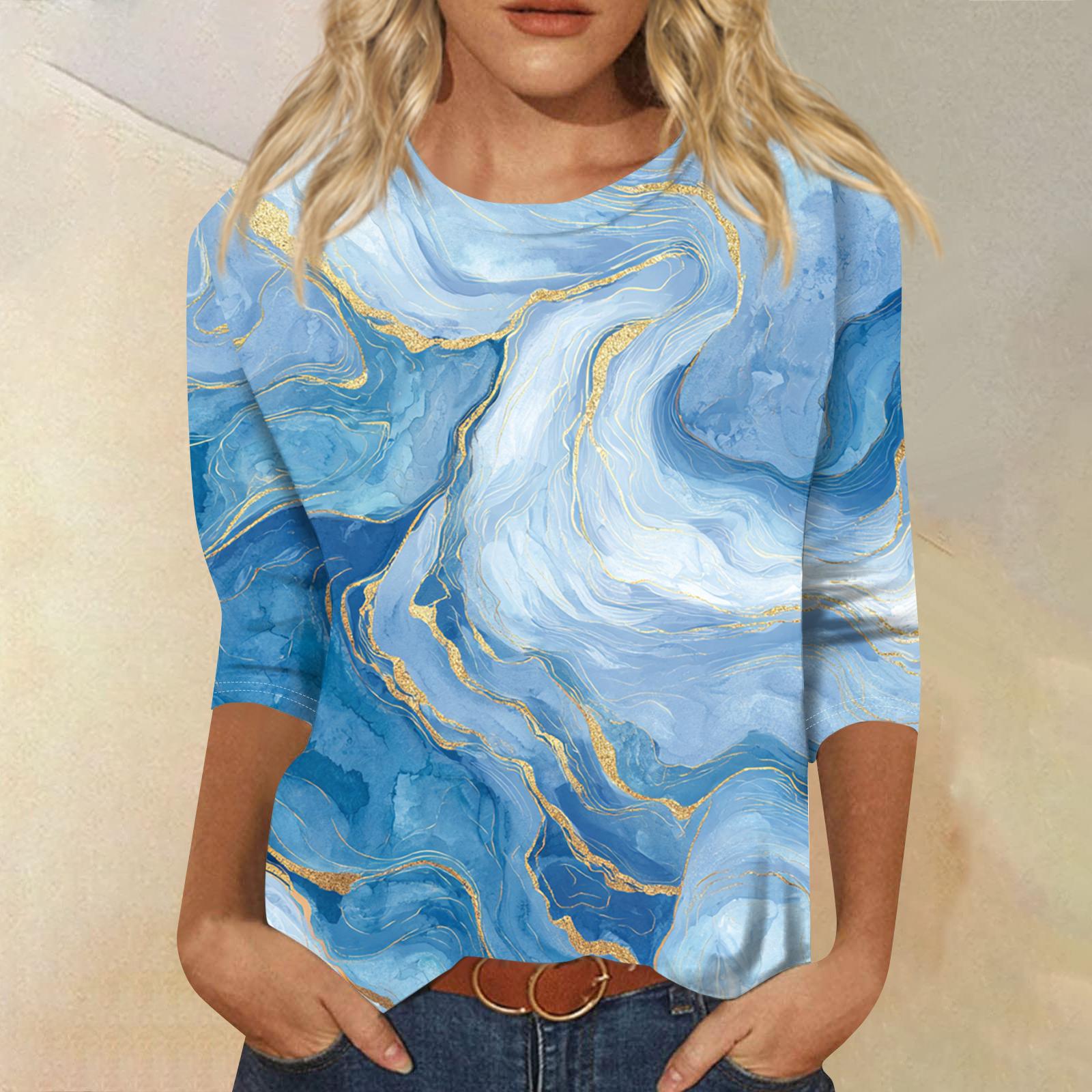 

Женская модная повседневная футболка с круглым вырезом, рукавом три четверти и градиентным принтом S синий