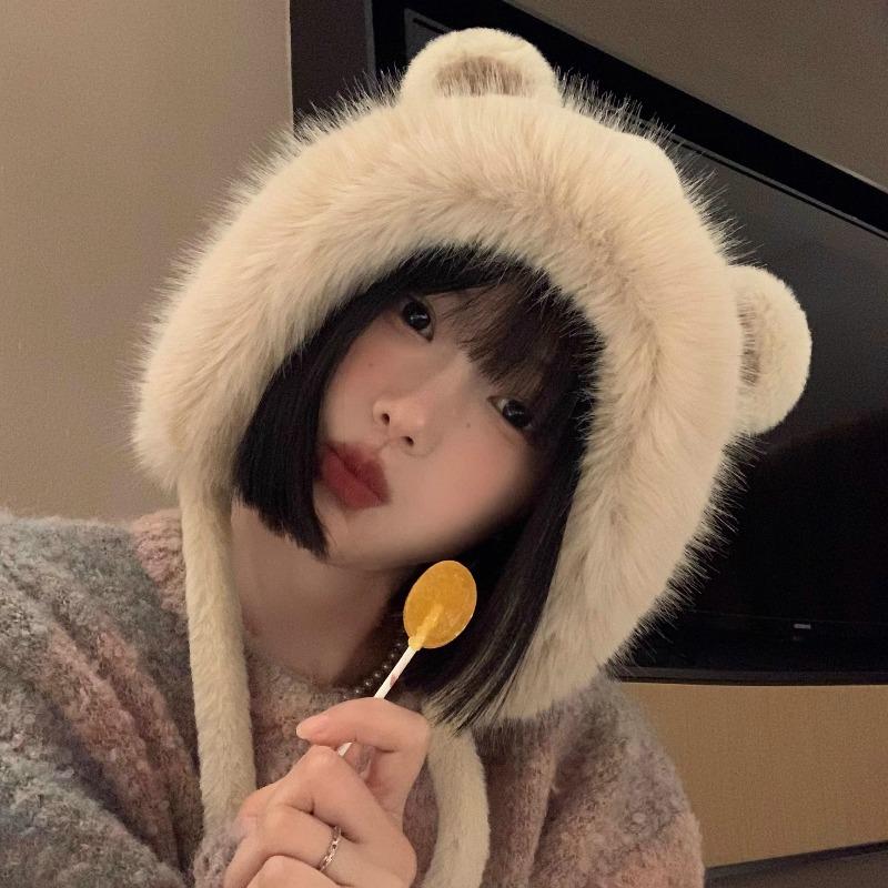 Bear Ears Plush Hat Women's Autumn and Winter Cute Plush Thickened Outdoor Cold Protection Ear Hat