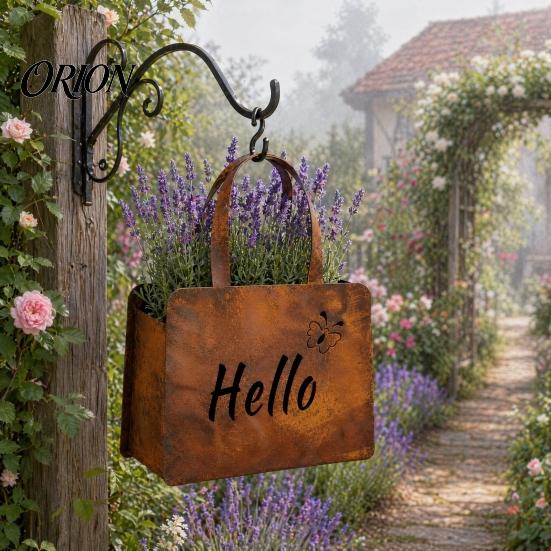 Útulný venkovní květináč Rustikální kovová kabelka s oboustrannými nápisy Hello a Welcome, Farmářský nástěnný květináč na sušené květiny, Vintage