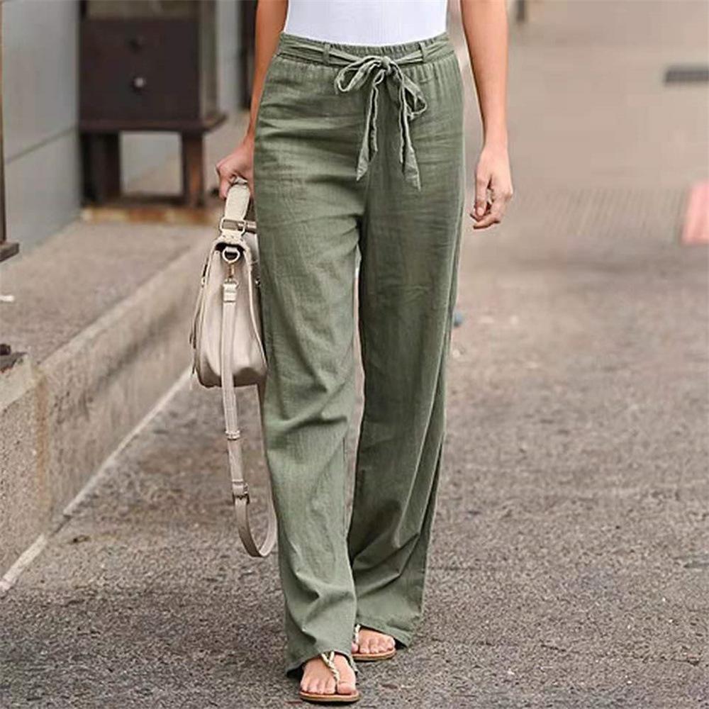 Women's Mid Rise Drawstring Waist Wide Leg Pants Loose Fit Trousers Solid Color Linen Blend Spring Summer Urban Commute Long Pants