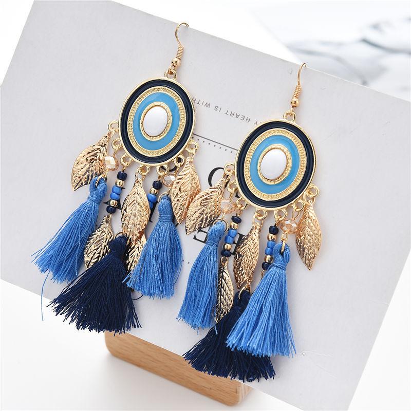 Vintage Ethnic Long Tassels Earrings For Women Boho Gold Color Leaf Drop Exaggerated Dangle Earring Female Party Jewelry