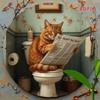 1pc 2D Round Aluminum Metal Sign Cat Reading Retro Wall Decor Humorous Bathroom Toilet Ornament Gift