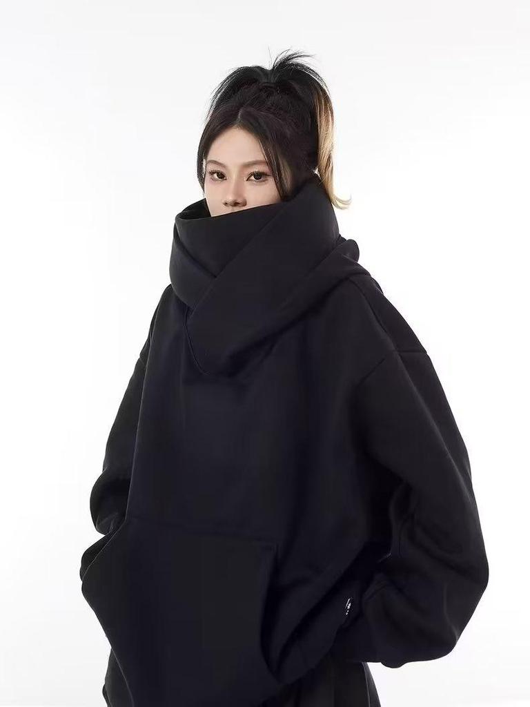 "Unisex High-Collar Hooded Sweatshirt - American Trendy Niche Design, Loose Fit for Men and Women"
