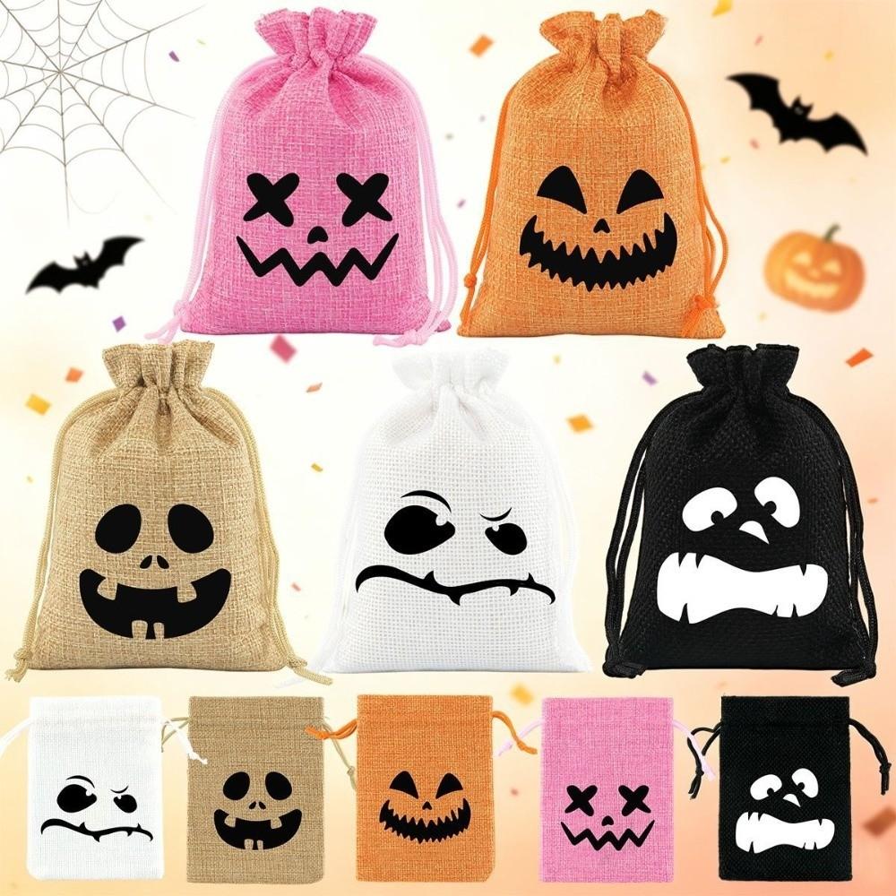 5Pcs Reusable Halloween Candy Bags Linen Halloween Gift Bags Spooky Face Pouches Trick or Treat