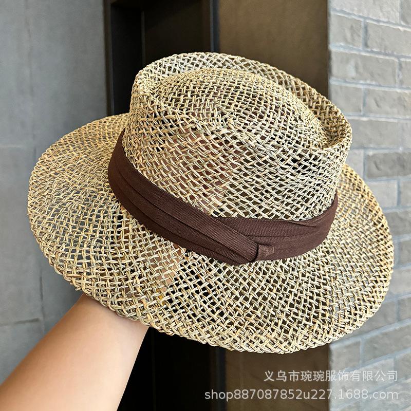 New Salty Grass Hat Women's Summer Outing Visor Hand-woven Hollow French Flat Top Hat