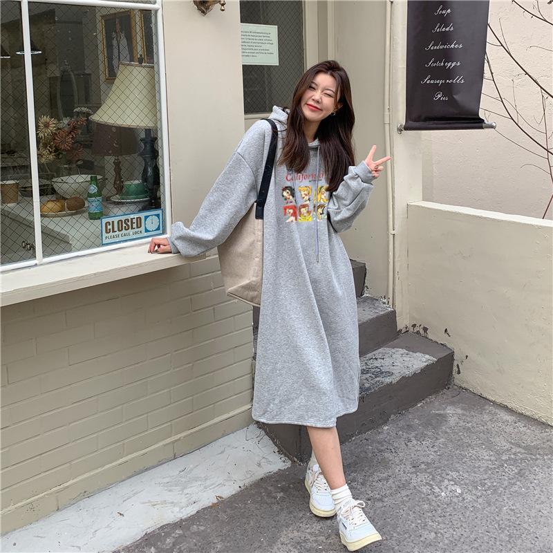 Women's Fashion Fall Winter Long Sleeve Hooded Loose Waistline Casual Dresses