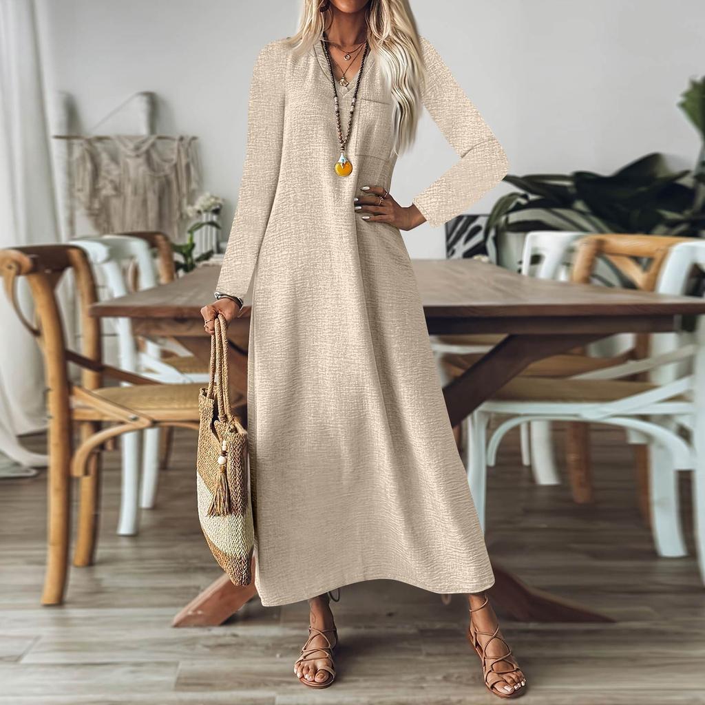 Women's Fashion V-Neck Long Sleeve Pocket Solid Color Zipper Casual Vacation Long Cotton Linen Dresses