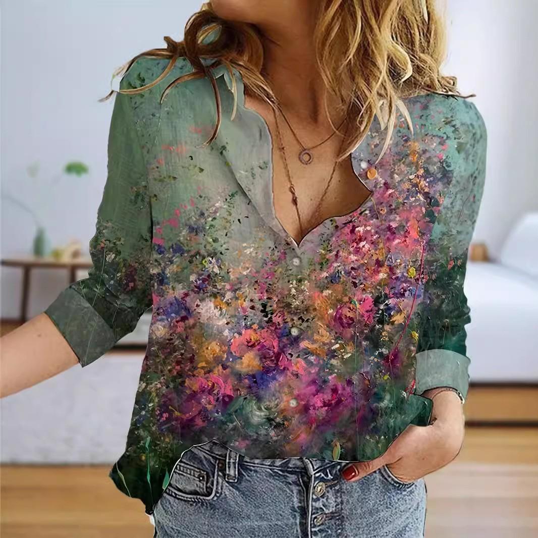 Foreign trade cross-border 2024 European beautiful women s cardigan 3D flower printing long-sleeved shirt women s versatile top NZ6901 S зелёный