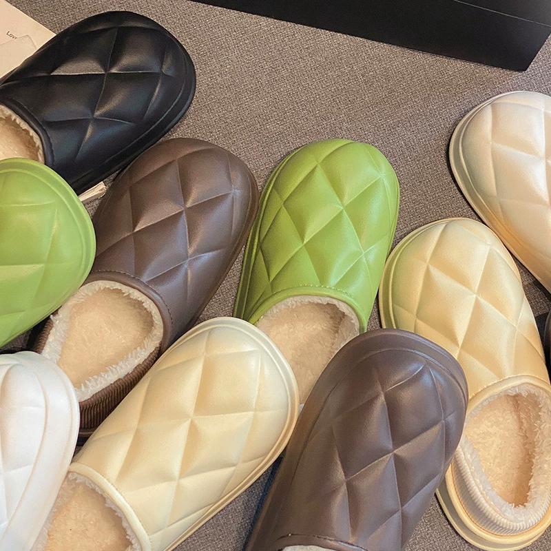 Women's Winter Heeled Cotton Slippers Plush Outdoor Shoes Men's Thick-Soled Soft Home Slippers