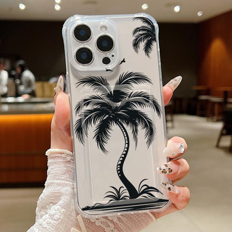 

Чехол с прозрачным слотом для карт с узором из кокосовой пальмы для iPhone 16 Pro Max 16E 15 Pro 14 13 12 11, тонкий, ударопрочный, мягкий, силиконовый чехол для телефона iPhone 11 прозрачный/чёрный