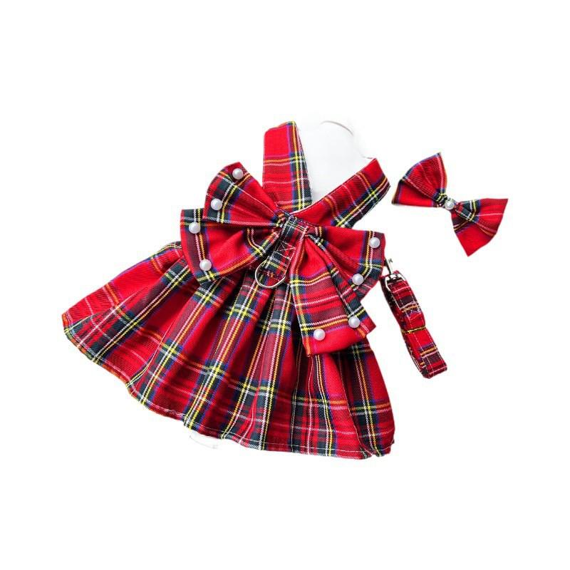 Pet JK Plaid Dress With Harness Loop Small Dogs Cats Teddy Bichon Corgi
