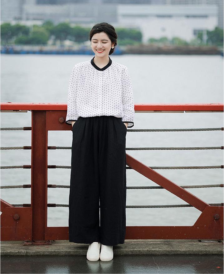 Women s Spring Retro Linen Wide-Leg Pants With Elastic Waist Small чёрный
