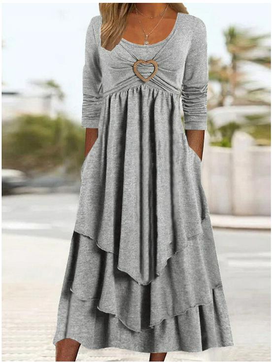 In Stock: 2026 Spring/Autumn European-American Waist-Cinching Casual Dress with Heart Detail and Tiered Hem