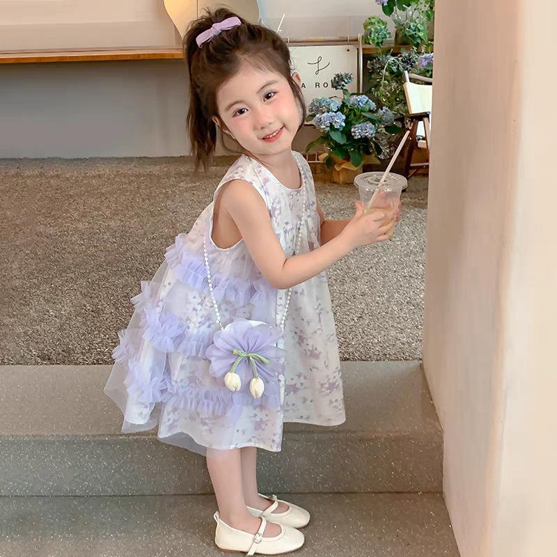 Summer Girls Floral Tulle Princess Dress Stylish Baby Sleeveless Vest Dress For Kids Party Wear