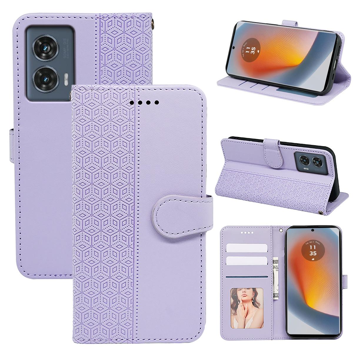 

For Motorola Edge 50 Fusion 5G Case PU Leather Cubic Grid Phone Cover Purple