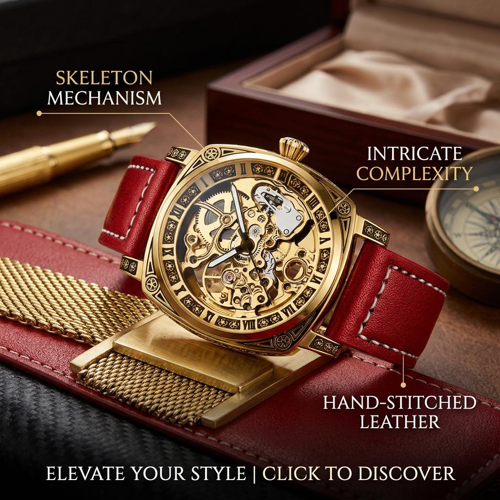 1pcs Men's Gold Dial Leather Strap Vintage Fashion Skeleton Gear Luxury Details Mechanical Watch for Daily Business Party Holida