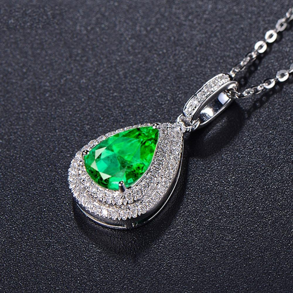 Luxury Pear Shaped Emerald Pendant Necklace 18K Gold Plated with Micro Pave Diamonds for Engagement