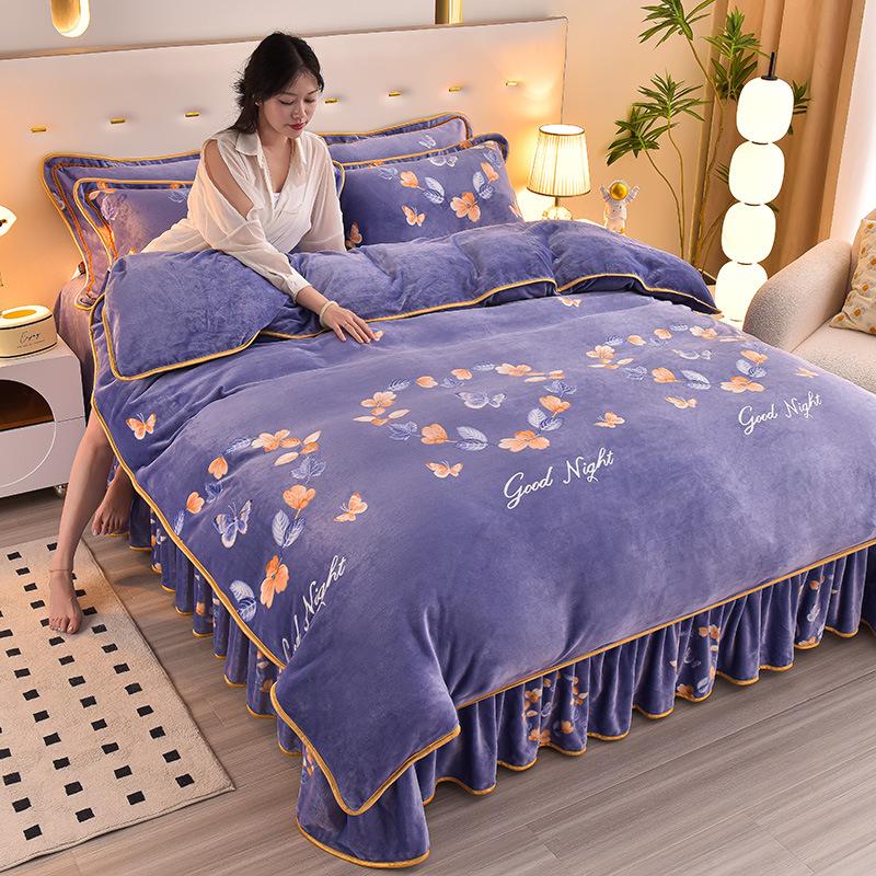 Thickened Milk Fleece Four-Piece Coral Fleece Quilt Cover, Bed Sheet Fleece Double-Sided Fleece Flannel Bedding, Bed Skirt