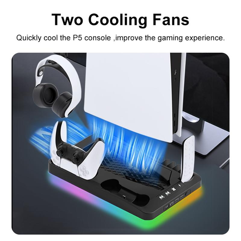 Cooling Stand for PS5/PS5 Slim/PS5 Pro with Headphone Hook and 3-Level Cooling Fan Controller Charging Station Gaming Consoles