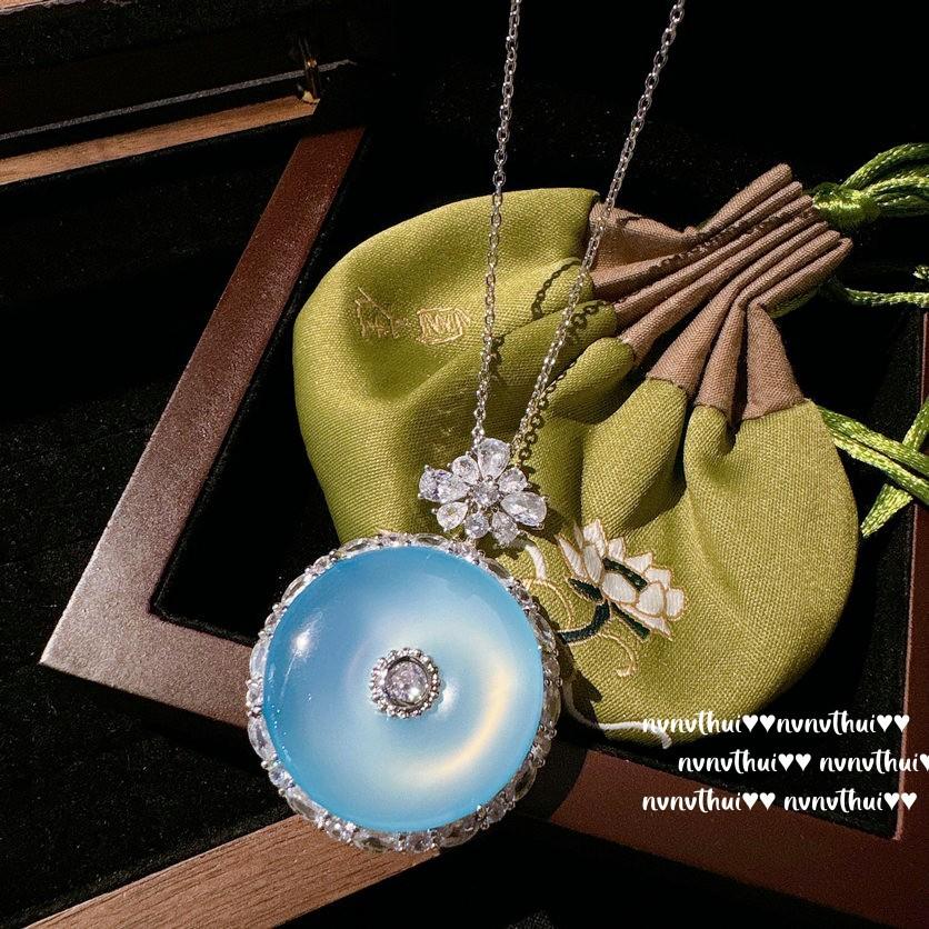 Turkish Blue Chalcedony Safety Buckle Gemstone Necklace, Watery, Plated With 18K Gold, Chalcedony Flower Zircon Earrings.